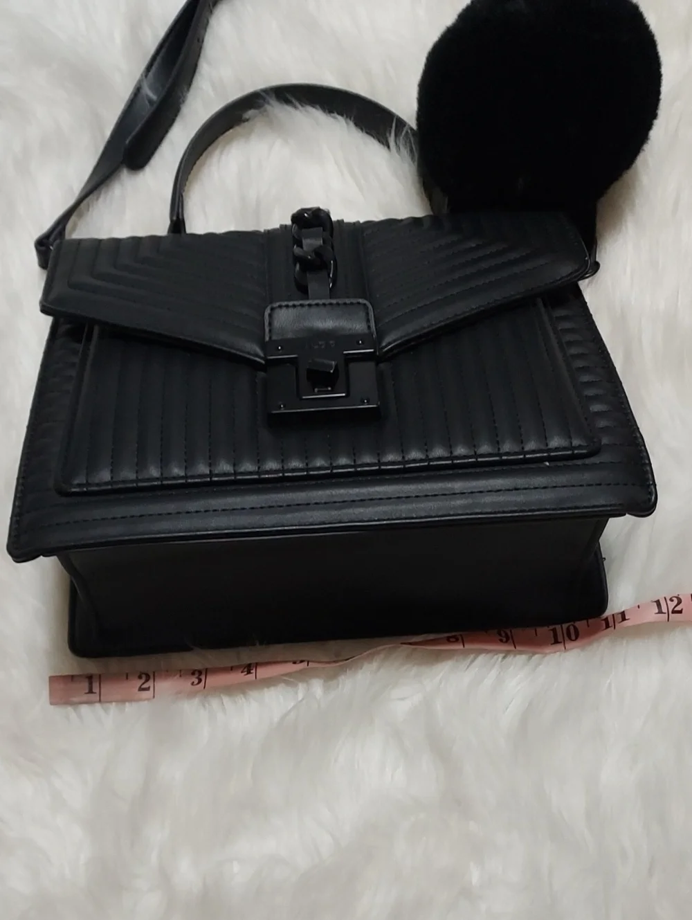 ALDO Chic Black Quilted Top-Handle Satchel with Pom Accent